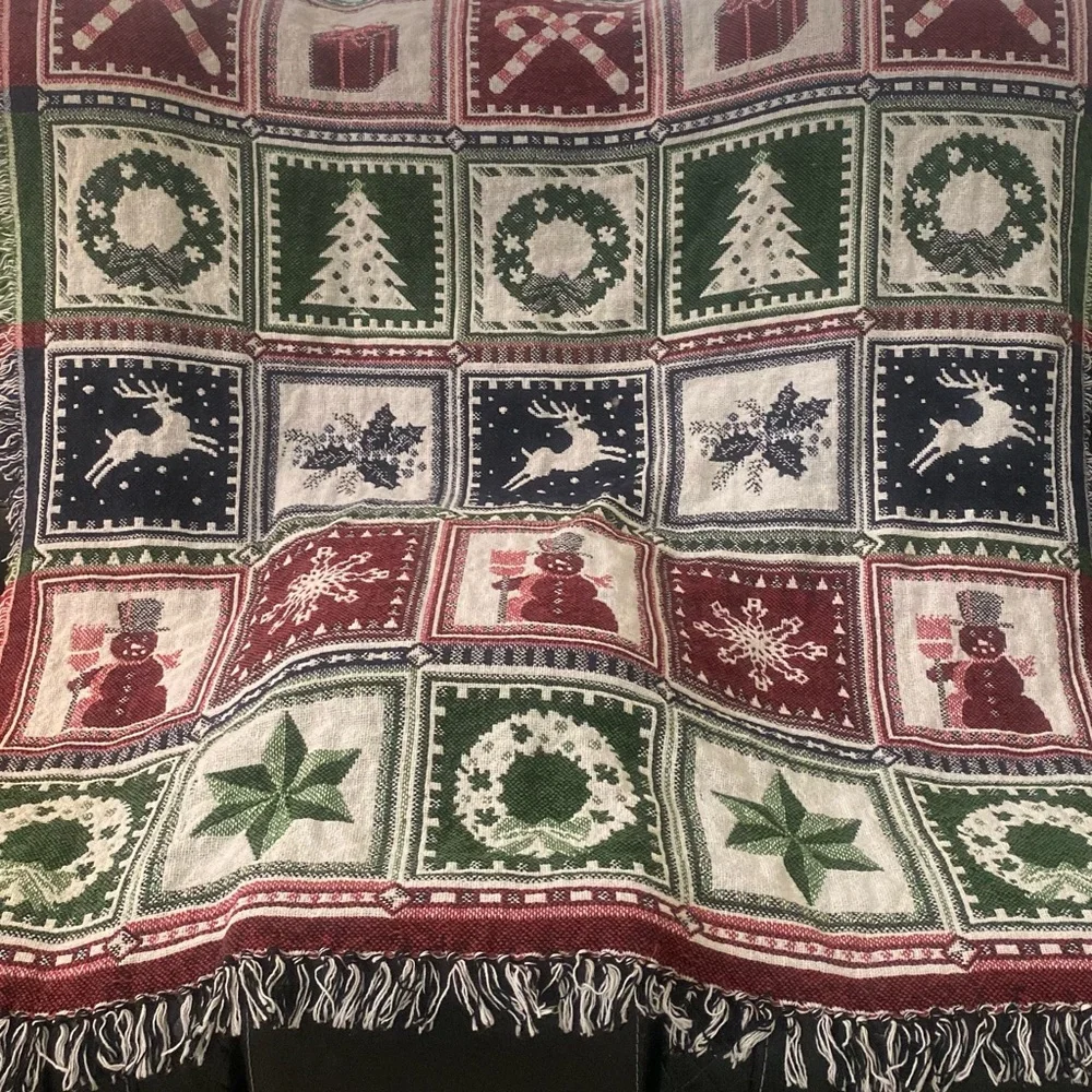 Christmas Holiday Throw Blanket Patchwork Pattern Snowman Snowflake Reindeer